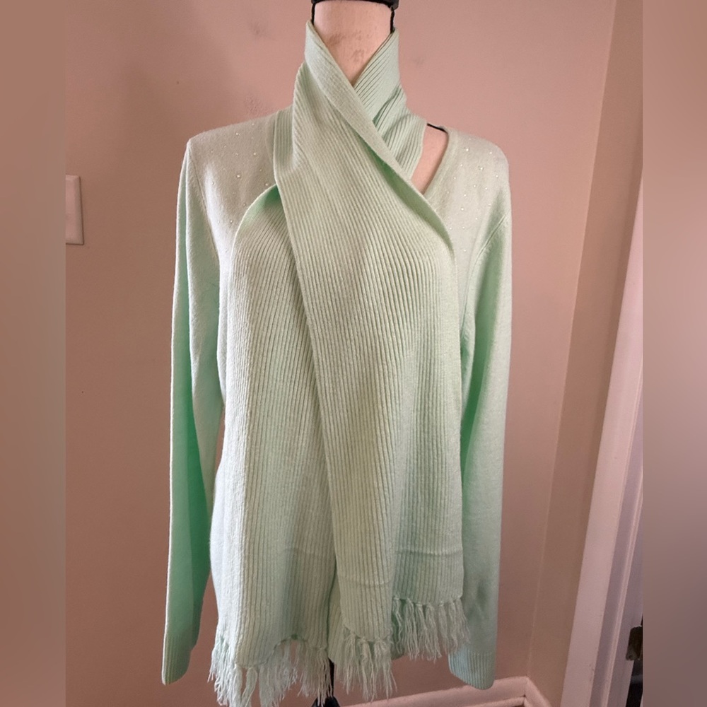 Rebecca Malone Mint Green Scarf-Front V-Neck Sweater with Fringe